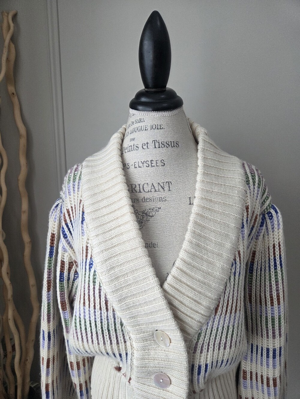 Farm Rio Bold Stitch Cream Multi-Striped V-Neck Button Cardigan Sweater Sz.M - Picture 2 of 12